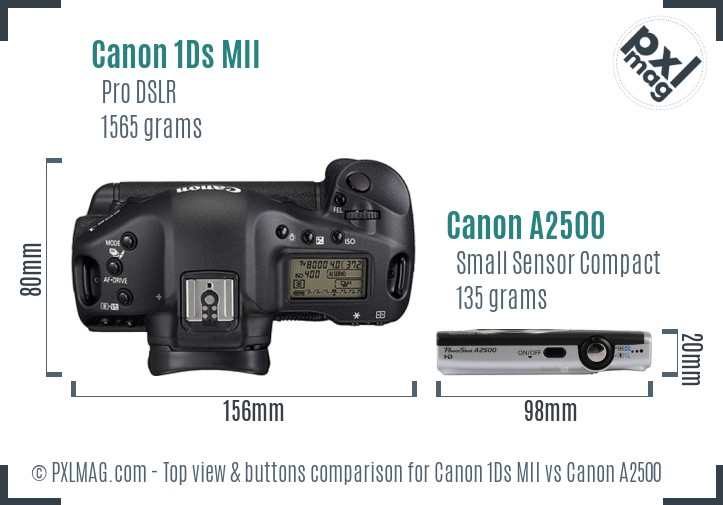 Canon 1Ds MII vs Canon A2500 top view buttons comparison