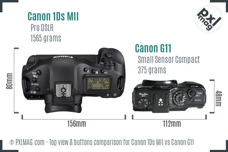 Canon 1Ds MII vs Canon G11 top view buttons comparison Canon 1Ds MII vs Canon G11 top view buttons comparison