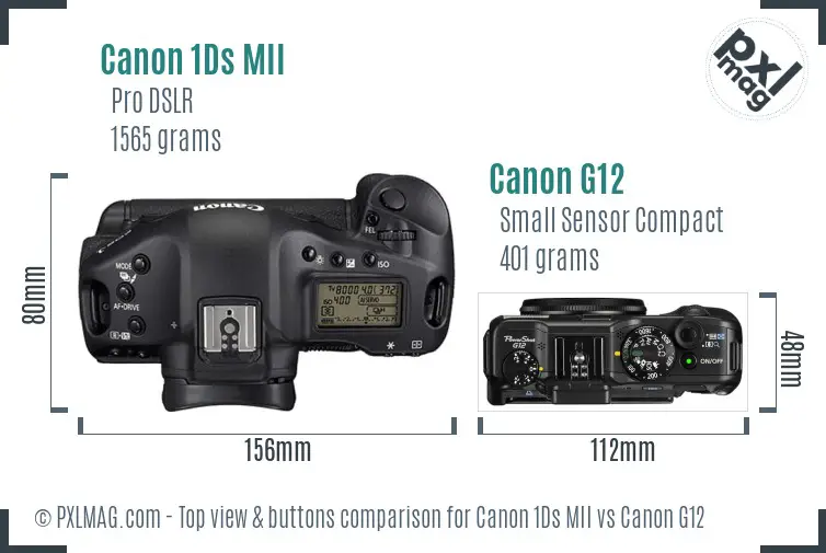 Canon 1Ds MII vs Canon G12 top view buttons comparison