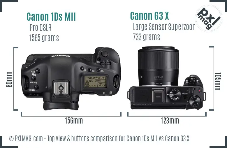Canon 1Ds MII vs Canon G3 X top view buttons comparison Canon 1Ds MII vs Canon G3 X top view buttons comparison
