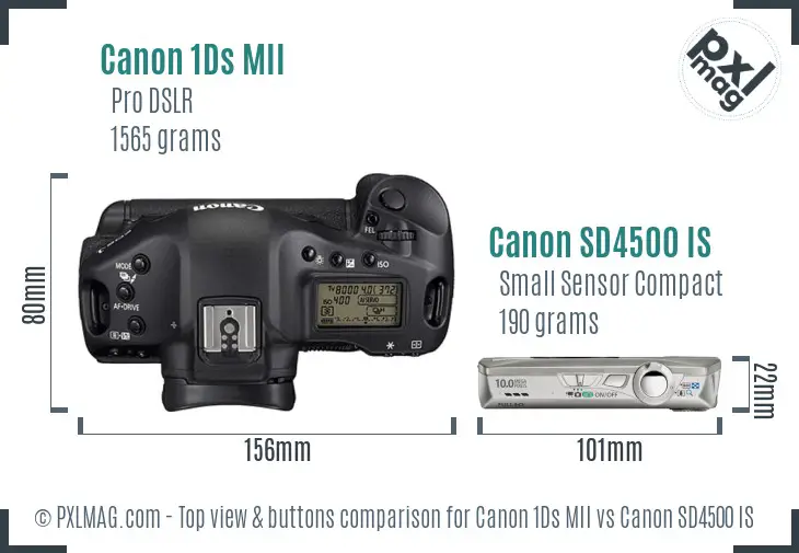 Canon 1Ds MII vs Canon SD4500 IS top view buttons comparison