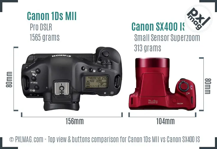 Canon 1Ds MII vs Canon SX400 IS top view buttons comparison Canon 1Ds MII vs Canon SX400 IS top view buttons comparison