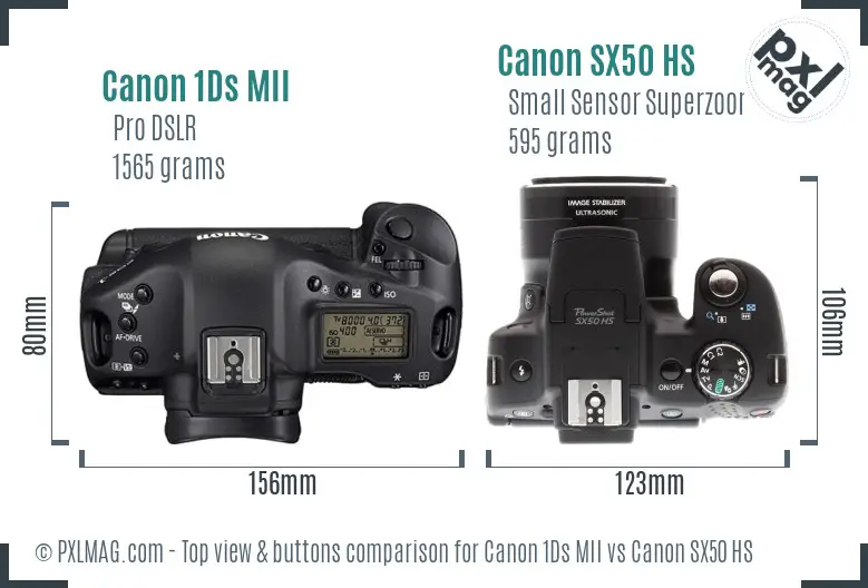 Canon 1Ds MII vs Canon SX50 HS top view buttons comparison