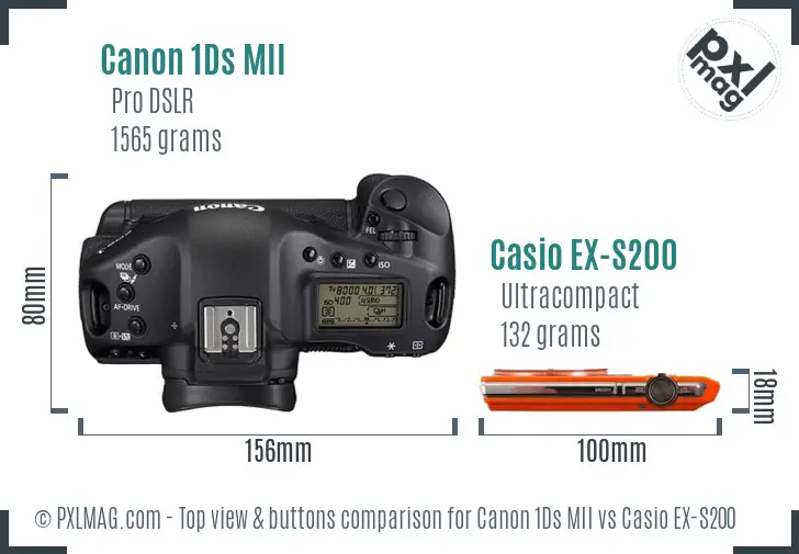 Canon 1Ds MII vs Casio EX-S200 top view buttons comparison