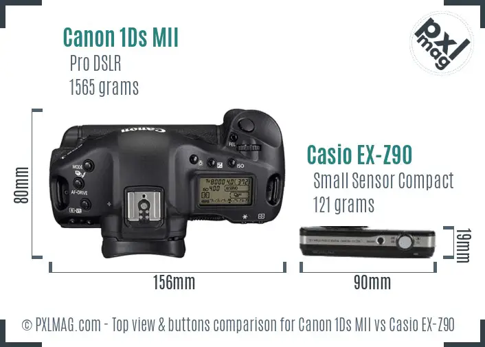 Canon 1Ds MII vs Casio EX-Z90 top view buttons comparison Canon 1Ds MII vs Casio EX-Z90 top view buttons comparison