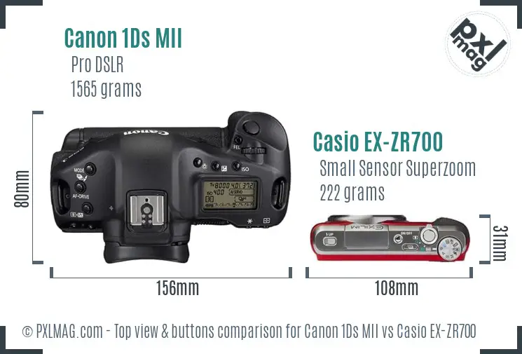 Canon 1Ds MII vs Casio EX-ZR700 top view buttons comparison Canon 1Ds MII vs Casio EX-ZR700 top view buttons comparison