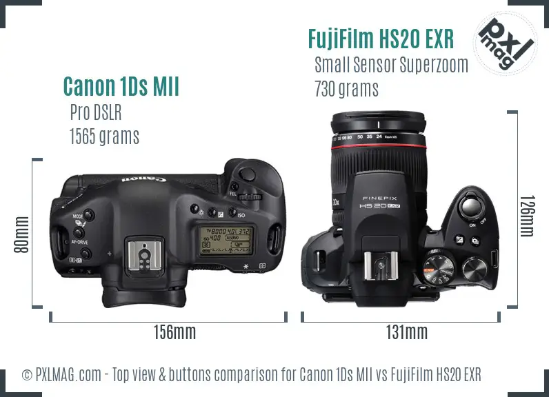 Canon 1Ds MII vs FujiFilm HS20 EXR top view buttons comparison