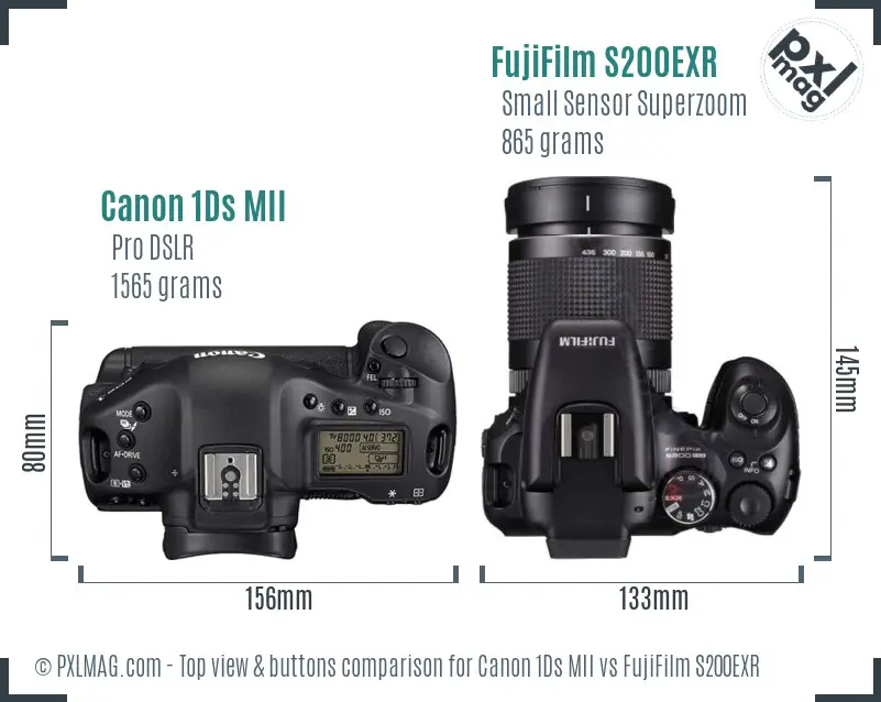 Canon 1Ds MII vs FujiFilm S200EXR top view buttons comparison
