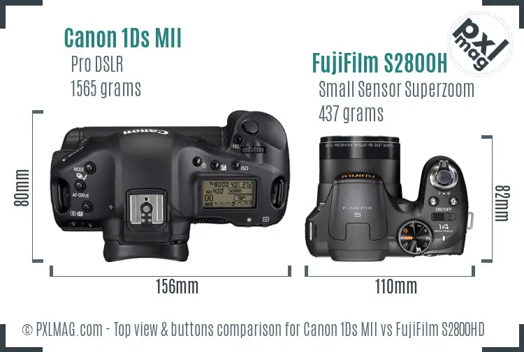 Canon 1Ds MII vs FujiFilm S2800HD top view buttons comparison Canon 1Ds MII vs FujiFilm S2800HD top view buttons comparison