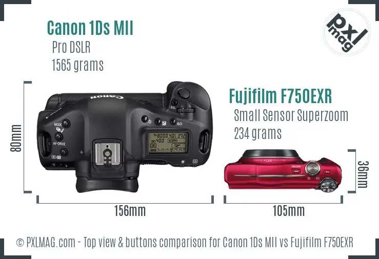 Canon 1Ds MII vs Fujifilm F750EXR top view buttons comparison