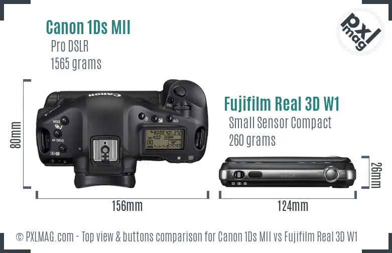 Canon 1Ds MII vs Fujifilm Real 3D W1 top view buttons comparison Canon 1Ds MII vs Fujifilm Real 3D W1 top view buttons comparison