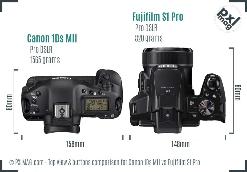 Canon 1Ds MII vs Fujifilm S1 Pro top view buttons comparison
