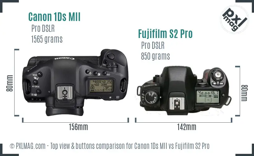 Canon 1Ds MII vs Fujifilm S2 Pro top view buttons comparison