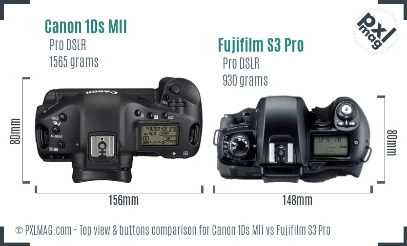 Canon 1Ds MII vs Fujifilm S3 Pro top view buttons comparison