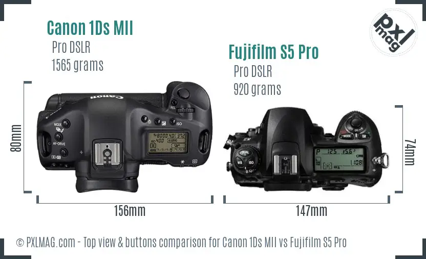 Canon 1Ds MII vs Fujifilm S5 Pro top view buttons comparison