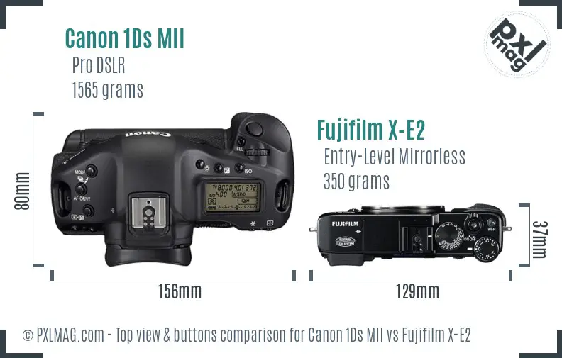 Canon 1Ds MII vs Fujifilm X-E2 top view buttons comparison Canon 1Ds MII vs Fujifilm X-E2 top view buttons comparison