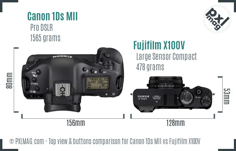 Canon 1Ds MII vs Fujifilm X100V top view buttons comparison Canon 1Ds MII vs Fujifilm X100V top view buttons comparison