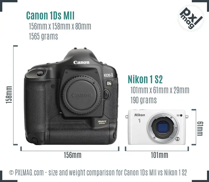 Canon 1Ds MII vs Nikon 1 S2 size comparison Canon 1Ds MII vs Nikon 1 S2 size comparison
