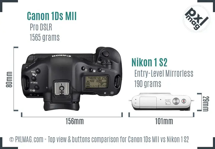 Canon 1Ds MII vs Nikon 1 S2 top view buttons comparison Canon 1Ds MII vs Nikon 1 S2 top view buttons comparison