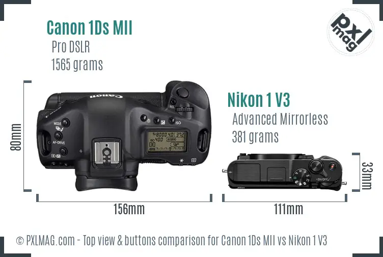 Canon 1Ds MII vs Nikon 1 V3 top view buttons comparison