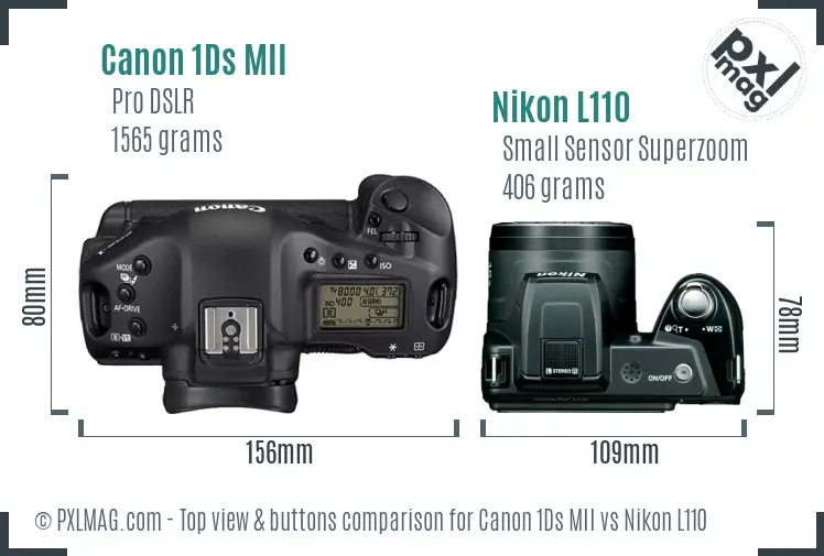 Canon 1Ds MII vs Nikon L110 top view buttons comparison Canon 1Ds MII vs Nikon L110 top view buttons comparison