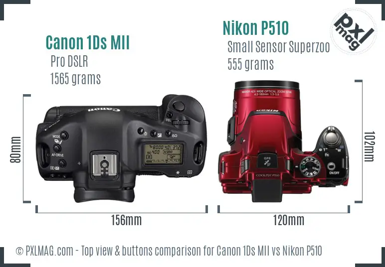 Canon 1Ds MII vs Nikon P510 top view buttons comparison Canon 1Ds MII vs Nikon P510 top view buttons comparison