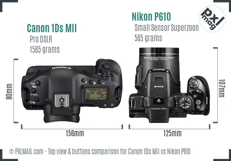 Canon 1Ds MII vs Nikon P610 top view buttons comparison Canon 1Ds MII vs Nikon P610 top view buttons comparison