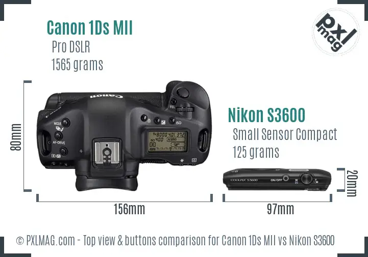 Canon 1Ds MII vs Nikon S3600 top view buttons comparison Canon 1Ds MII vs Nikon S3600 top view buttons comparison