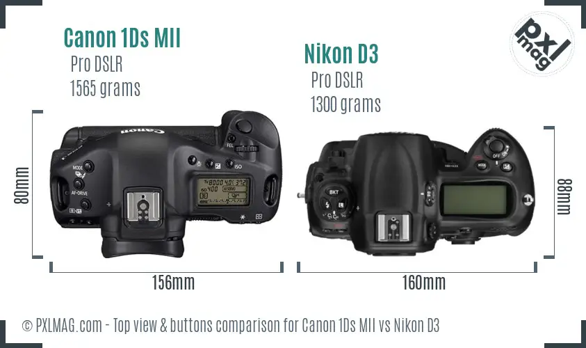 Canon 1Ds MII vs Nikon D3 top view buttons comparison