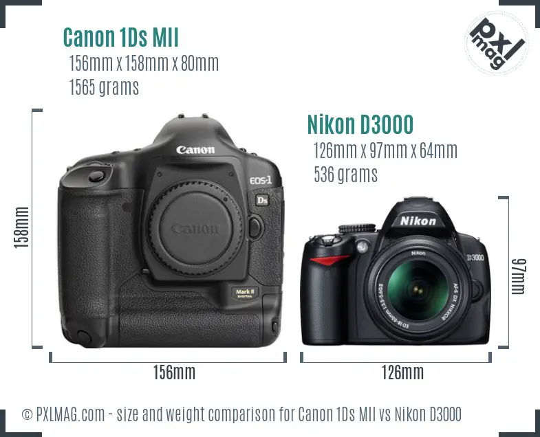 Canon 1Ds MII vs Nikon D3000 size comparison