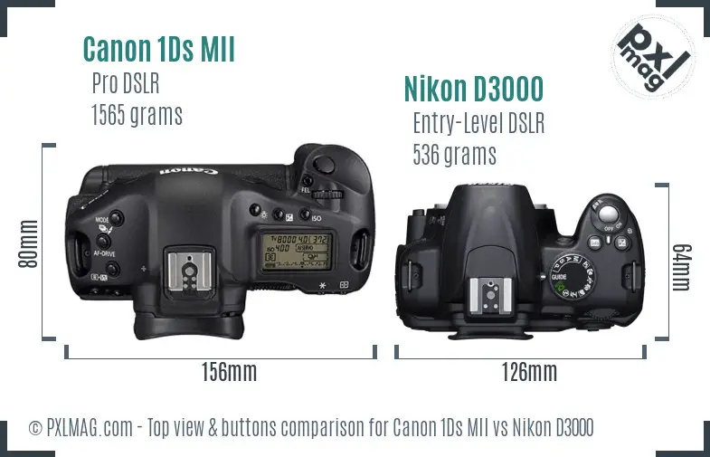 Canon 1Ds MII vs Nikon D3000 top view buttons comparison