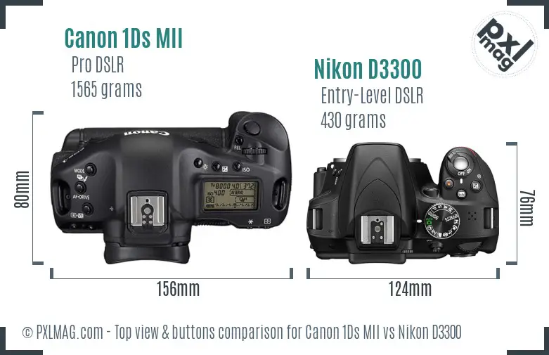 Canon 1Ds MII vs Nikon D3300 top view buttons comparison