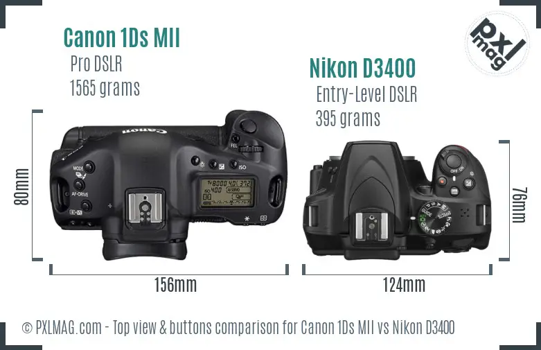 Canon 1Ds MII vs Nikon D3400 top view buttons comparison Canon 1Ds MII vs Nikon D3400 top view buttons comparison