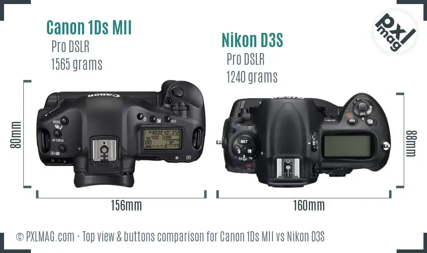 Canon 1Ds MII vs Nikon D3S top view buttons comparison