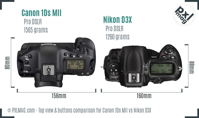 Canon 1Ds MII vs Nikon D3X top view buttons comparison