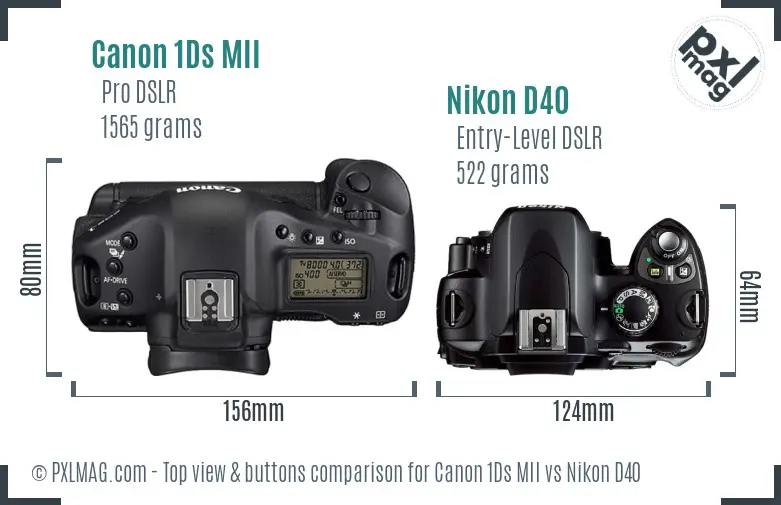 Canon 1Ds MII vs Nikon D40 top view buttons comparison Canon 1Ds MII vs Nikon D40 top view buttons comparison