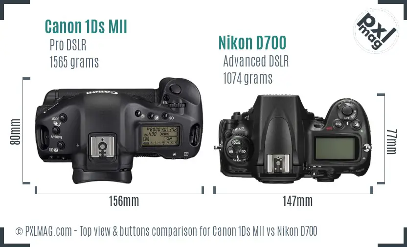 Canon 1Ds MII vs Nikon D700 top view buttons comparison Canon 1Ds MII vs Nikon D700 top view buttons comparison