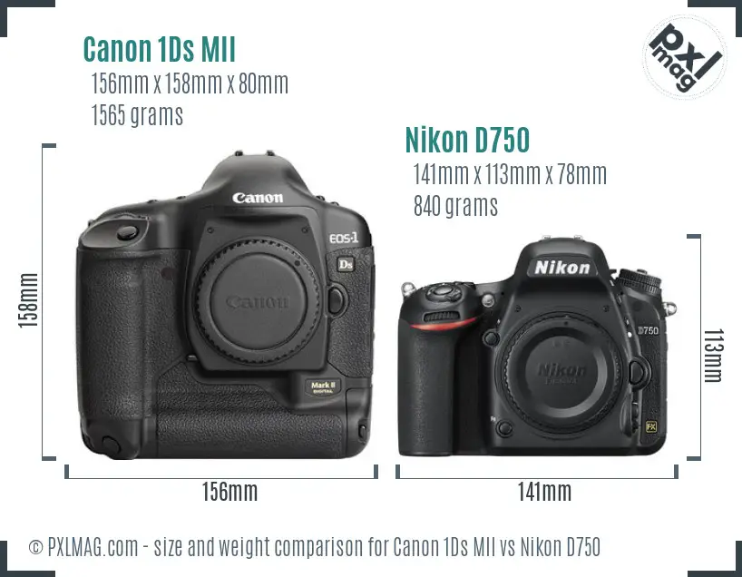 Canon 1Ds MII vs Nikon D750 size comparison Canon 1Ds MII vs Nikon D750 size comparison
