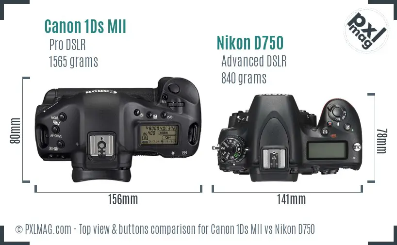 Canon 1Ds MII vs Nikon D750 top view buttons comparison Canon 1Ds MII vs Nikon D750 top view buttons comparison