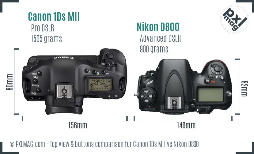 Canon 1Ds MII vs Nikon D800 top view buttons comparison