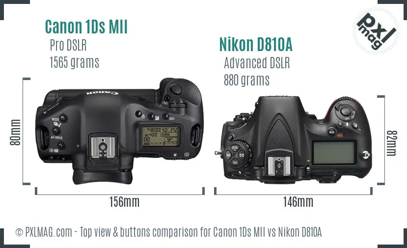 Canon 1Ds MII vs Nikon D810A top view buttons comparison
