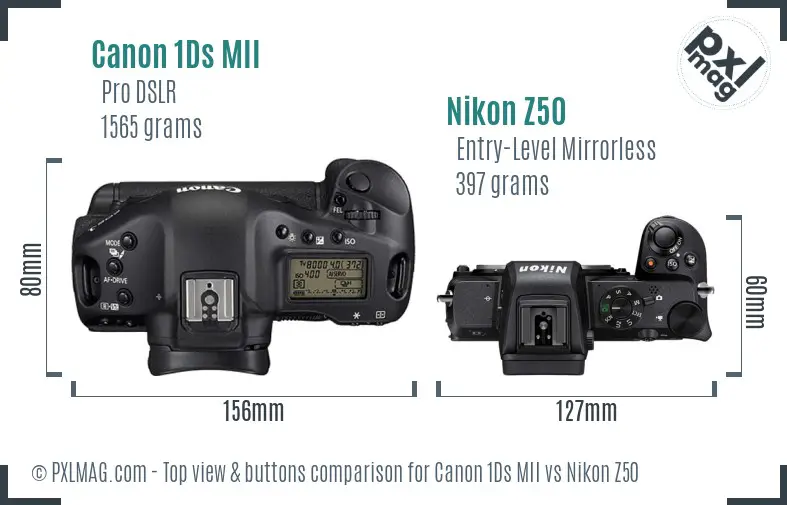 Canon 1Ds MII vs Nikon Z50 top view buttons comparison Canon 1Ds MII vs Nikon Z50 top view buttons comparison