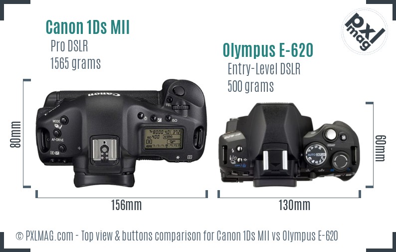 Canon 1Ds MII vs Olympus E-620 top view buttons comparison