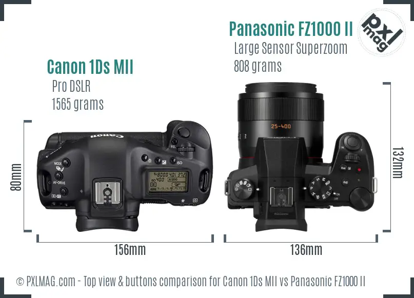 Canon 1Ds MII vs Panasonic FZ1000 II top view buttons comparison Canon 1Ds MII vs Panasonic FZ1000 II top view buttons comparison