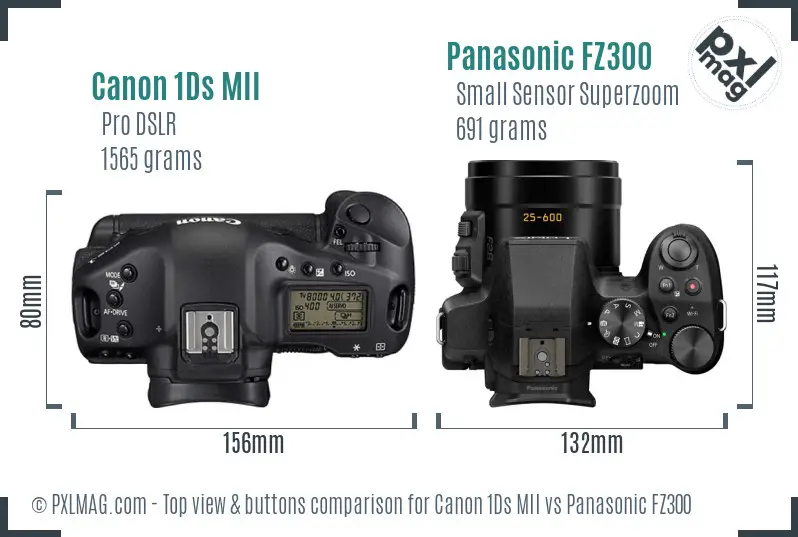Canon 1Ds MII vs Panasonic FZ300 top view buttons comparison Canon 1Ds MII vs Panasonic FZ300 top view buttons comparison