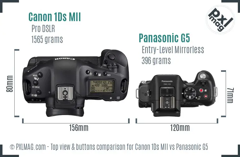 Canon 1Ds MII vs Panasonic G5 top view buttons comparison Canon 1Ds MII vs Panasonic G5 top view buttons comparison
