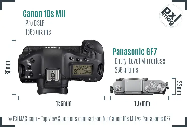 Canon 1Ds MII vs Panasonic GF7 top view buttons comparison Canon 1Ds MII vs Panasonic GF7 top view buttons comparison