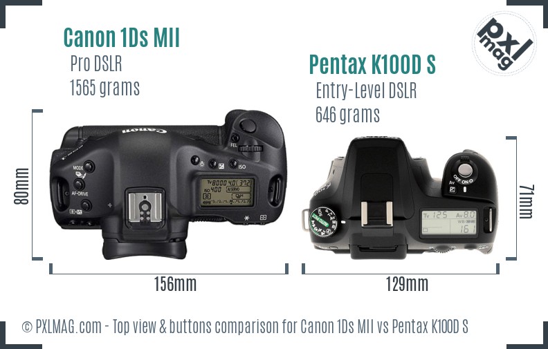 Canon 1Ds MII vs Pentax K100D S top view buttons comparison