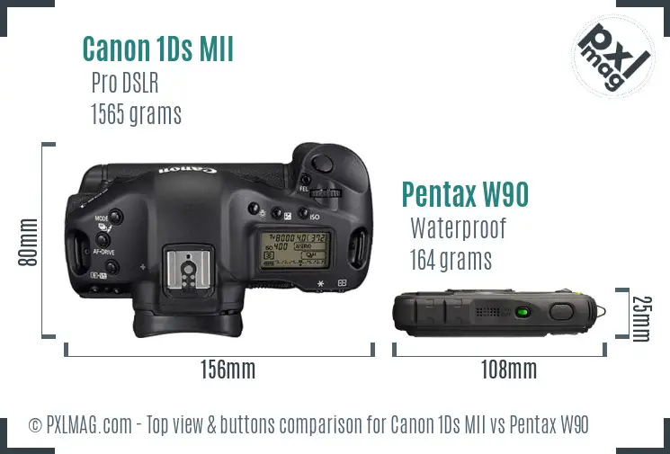 Canon 1Ds MII vs Pentax W90 top view buttons comparison