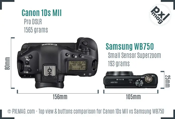 Canon 1Ds MII vs Samsung WB750 top view buttons comparison